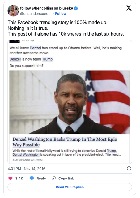 Screenshot showing fake news article on Facebook