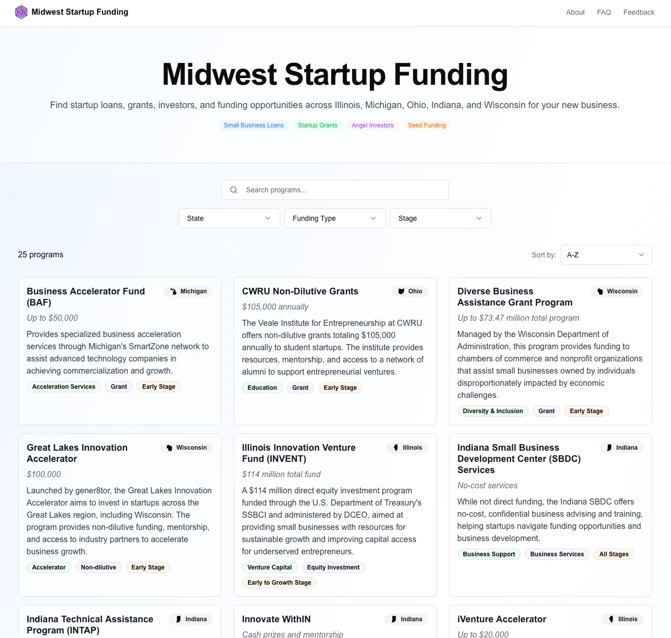 Screenshot of MidwestStartupFunding.org showing various funding options